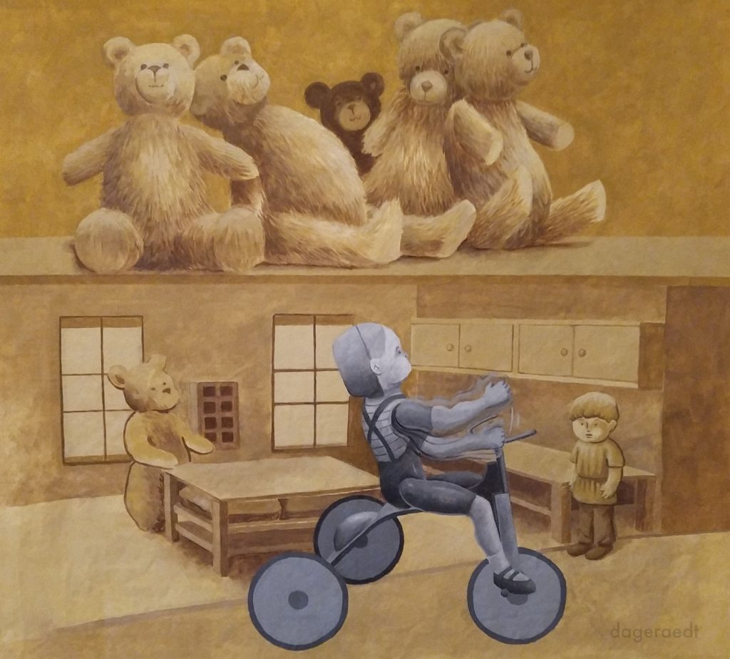 Painting of a large doll house. On top there is a series of teddy bears. In the doll house there is a teddy bear and a plastic puppet looking at another puppet on a bicycle. The bicycle doll is grey and the other parts of the painting are ochre.