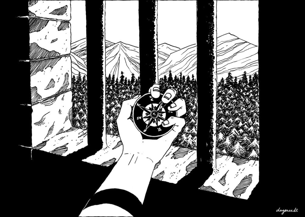 Ink drawing of a hand holding a compass in front of a barred window. Out of the window a pine forest is visible, as well as some mountains.