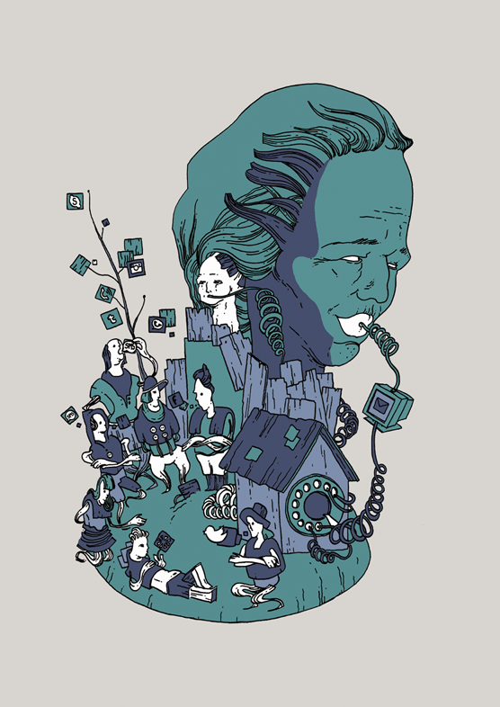 Colored pen illustration in grey, green, blue and white. Different young people are playing on a field. Icons of social media like Tumblr and Twitter are near them. A large head of an older, male person is connected to an old computer screen and a house with dials of an old telephone.