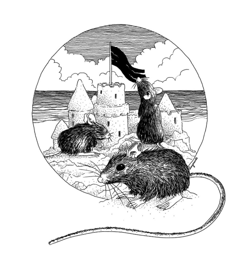 A pen drawing. Three mice sitting around a sand castle. The sea is behind them. There are a few white clouds in the sky.