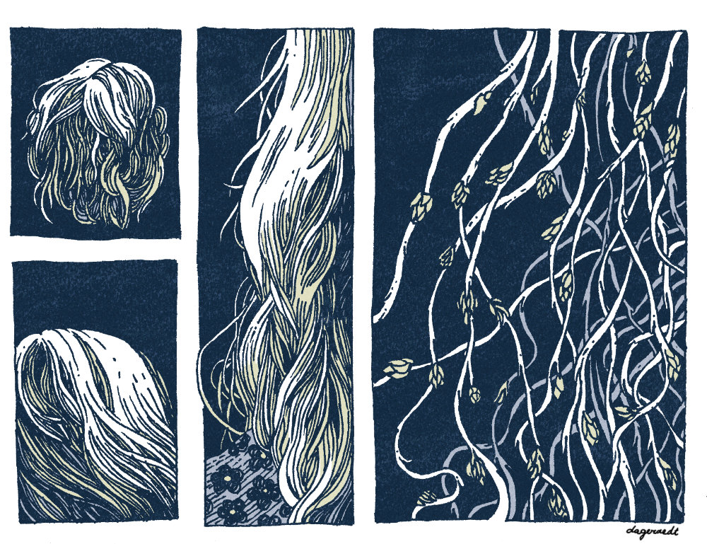 Series of small drawings of hair and twigs.