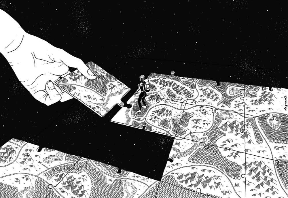 Pen drawing. Connected pieces of a puzzle on which a map is drawn, are floating in space. A person in backpack is standing near the edge, waiting for a new tile to be laid down. A hand emerges from the left holding a new puzzle piece and is moving to connect it to the one on which the person is standing.