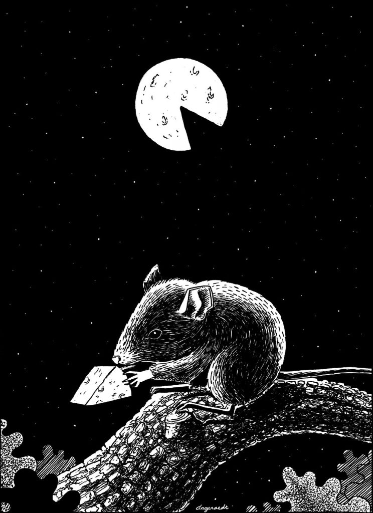 Pen drawing of a mouse sitting on a branch under a full moon. The mouse is eating a slice of what appears to be cheese, but the moon is missing a slice as well. The mouse is eating a slice of the moon.