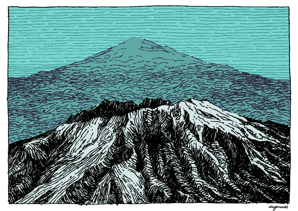 Colored pen drawing of a rocky mountain top. Behind is another mountain. The second mountain as well as the sky are a blueish green