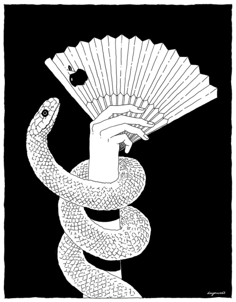 Pen drawing of a snake wrapped around an arm. The hand is holding a fan, on which an apple is drawn. The snake is drawn to the apple.