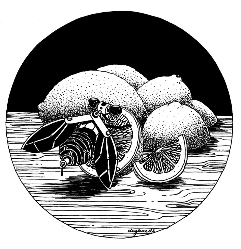 Pen drawing. A mechanical bee is trying to eat from a citron. There are a couple of citrons and citron slices lying on a wooden table.