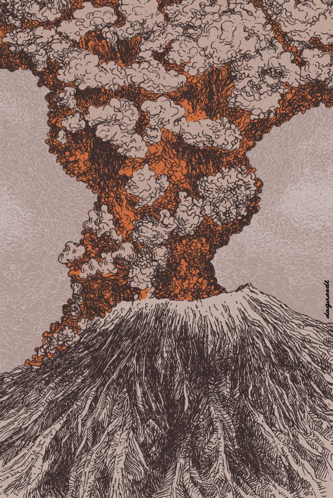 Colored pen drawing of an exploding volcano. The colors are an ashy pink and orange.