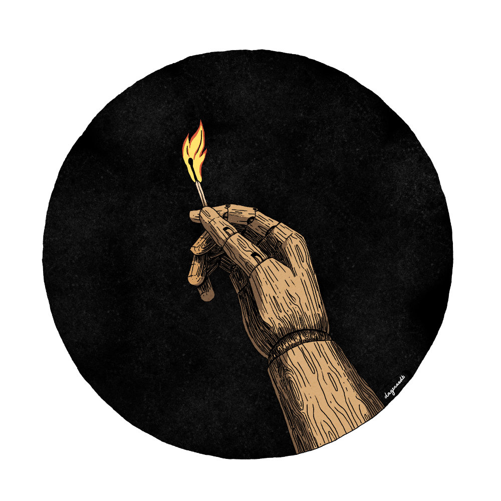 Colored pen drawing of a wooden hand holding a lit match.