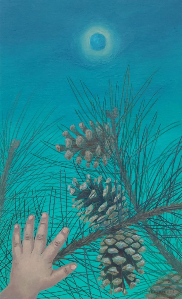 Acrylic painting of a hand reaching toward pinecones. The blue-green sky is in the background, as well as a soft blue-green moon.