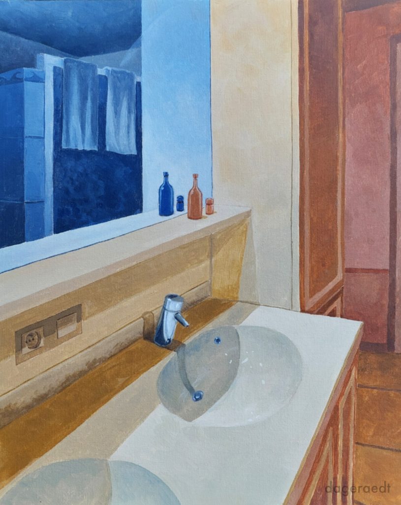 Painting of a bathroom. There is a sink, above which is a mirror. The mirror shows the room but tinted in blue.