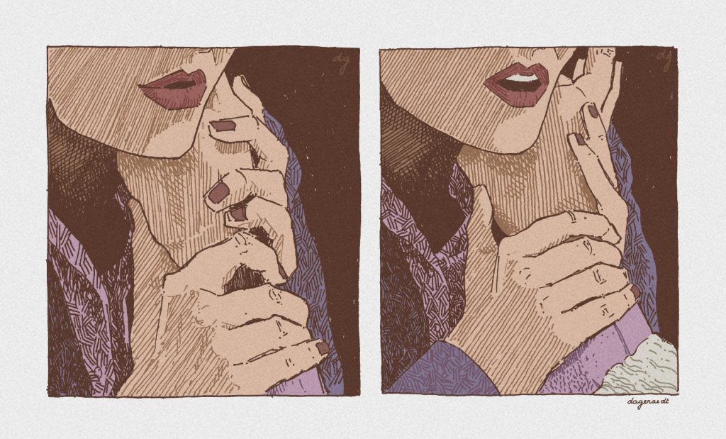 Two pen drawings in color. A hand is touching the face of a woman, who holds that hand in her own hands.