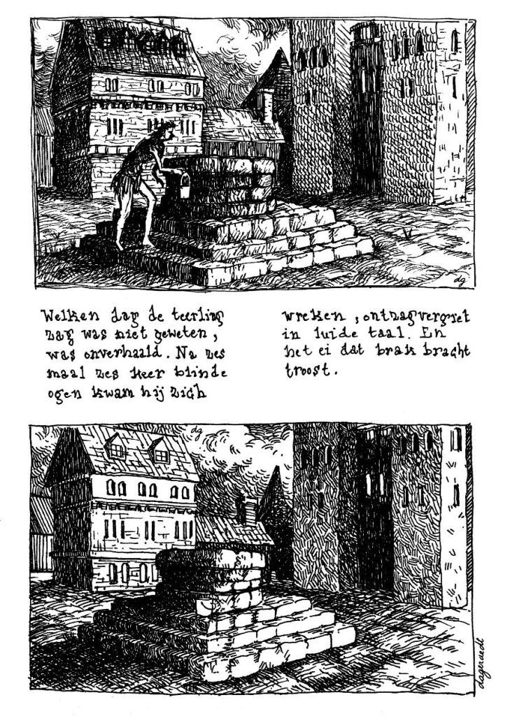 Two-panel comic. A man is putting a bucket near a well in a town, and leaves it there.